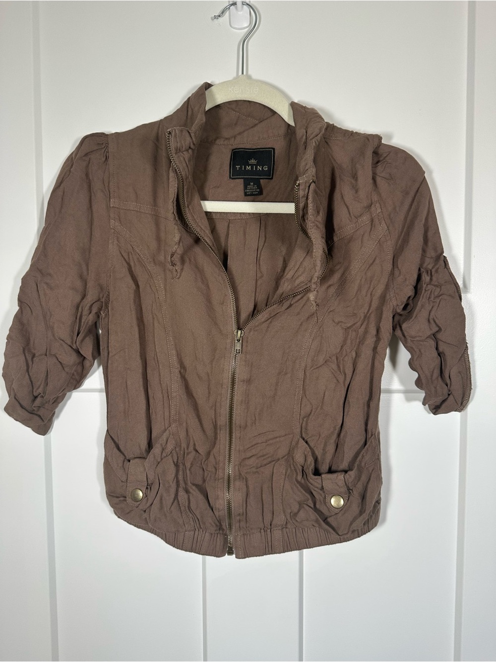 Brown Casual Zip Bomber Jacket with short sleeves